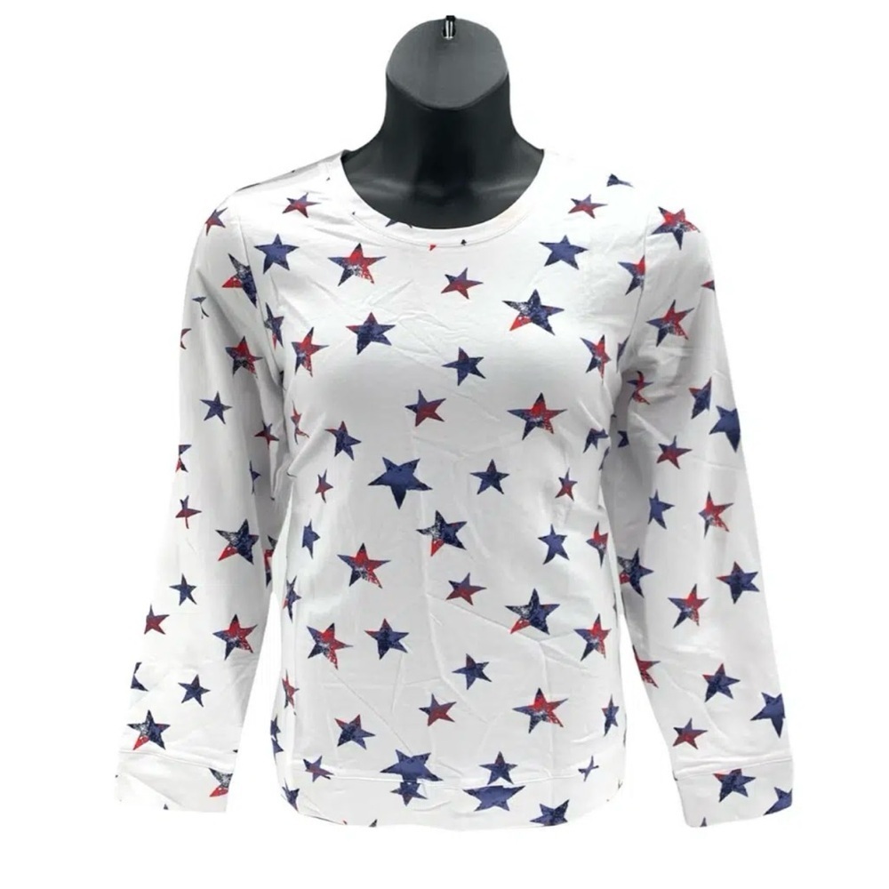 Denim & Co. Active Printed Terry Long-Sleeve Sweatshirt Red white and blue stars